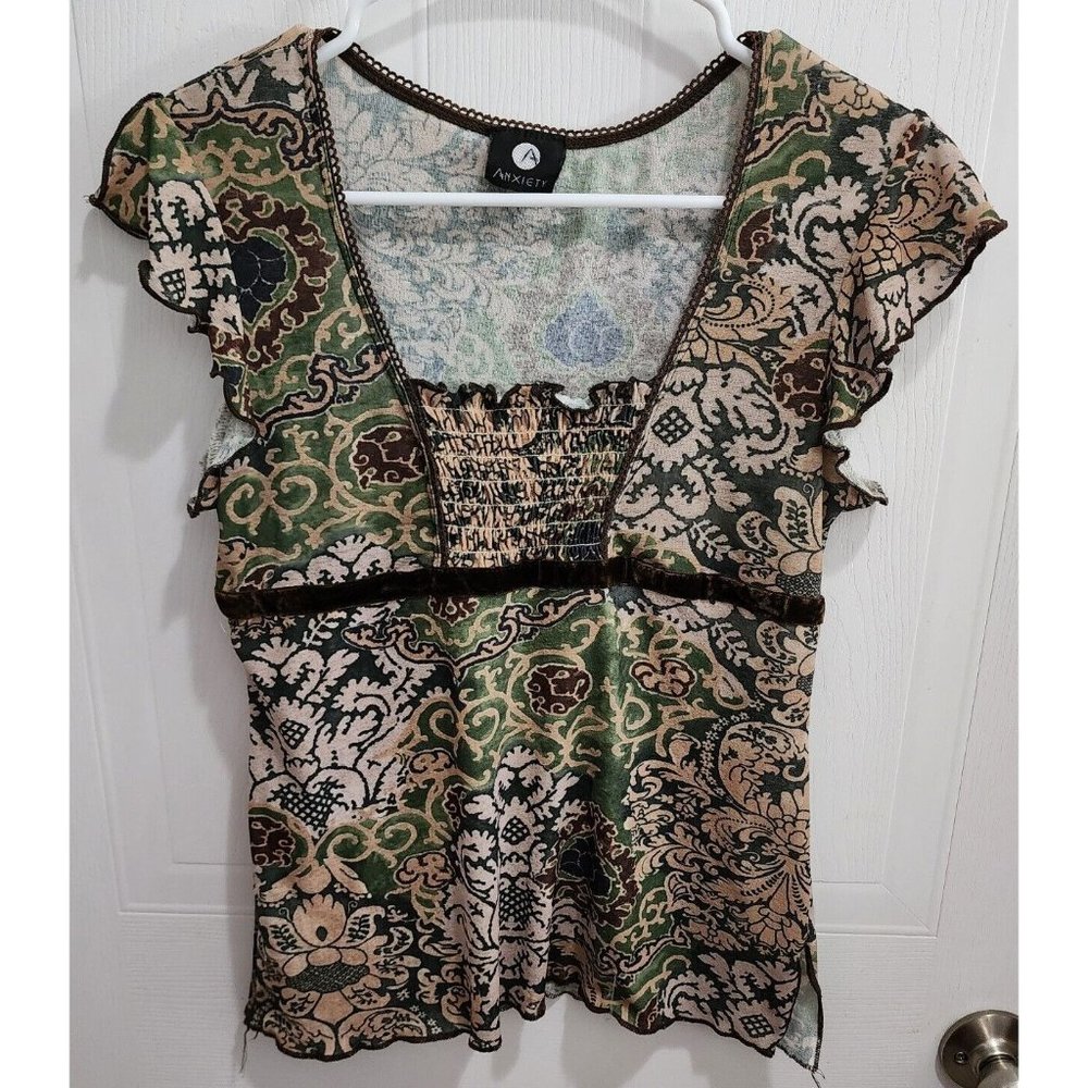 Vtg Y2K Anxiety Women's Short Flutter Sleeve Top Blouse Smocked Neck‎ Size Small